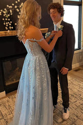 Light Blue A-line Tulle Off-the-Shoulder Prom Dresses With Appliques
